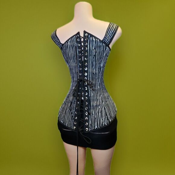 Handpainted Skellington Pinstripe Corset Upcycled Y2K Underbust 32
